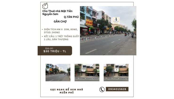 Cho thuê Nhà Mặt Tiền Nguyễn Sơn 80m2, 1Lầu+ST, 30triệu, gần chợ